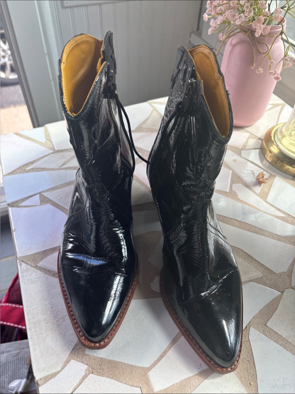 Free People Black Patent Pointed-Toe Western Ankle Boots